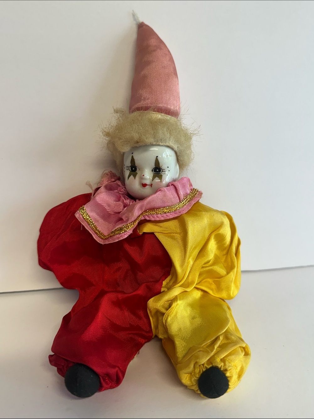 Vintage Style Clown Doll in Red, Yellow & Pink